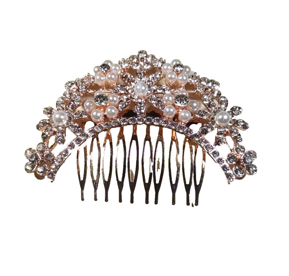 Hair Comb Barrette Rhinestones Faux Pearl Rose Pink Gold Tone Large Floral...